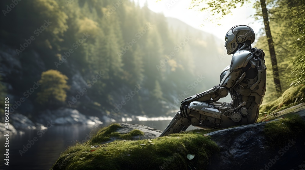 A humanoid robot contemplating nature,