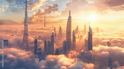 modern cityscape, skyline with clouds and sunlight background