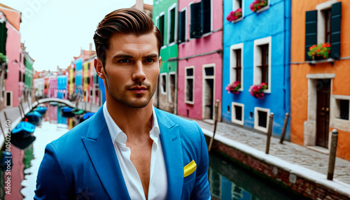 Handsome Caucasian man in a stylish blue suit posing in front of colorful Venetian houses, ideal for fashion editorials and European summer travel themes
