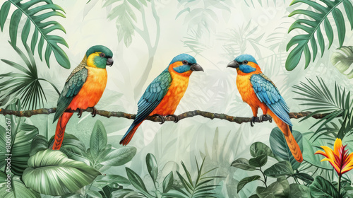 Three vibrant parrots perched on a branch with lush green leaves and floral patterns in the background, displaying a variety of tropical colors.