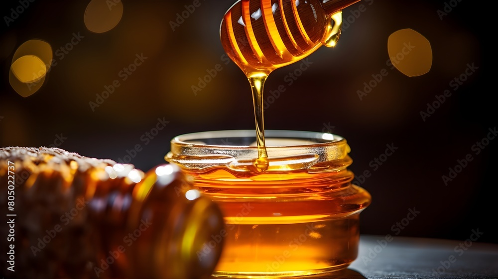 A macro shot of honey dripping from a wooden dipper into a jar, A macro shot of honey dripping from a wooden dipper into a jar,