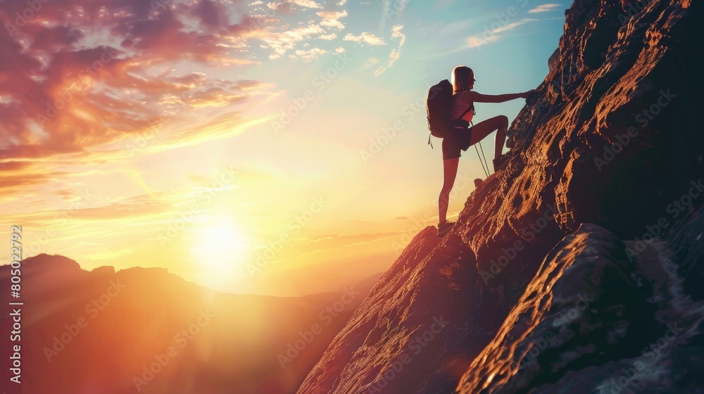 Silhouette of Woman Climbing Mountain, Symbolizing Overcoming Challenges Silhouette of Woman Climbing Mountain, Symbolizing Overcoming Challenges