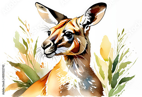 Vibrant watercolor illustration of a kangaroo portrait with abstract foliage, ideal for Australian tourism promotions and wildlife conservation events photo