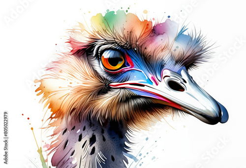 Colorful watercolor illustration of an Emu head with vibrant splashes, ideal for art-nature themes and creative design projects photo