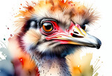 Colorful artistic illustration of an ostrich head with vibrant watercolor splashes, ideal for wildlife-themed designs and creative educational materials