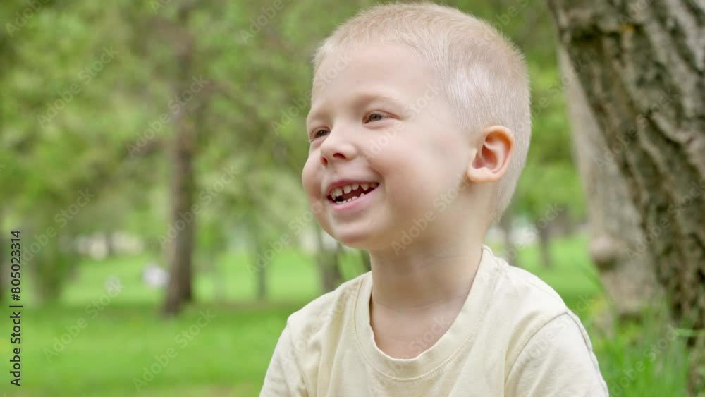 Portrait of a cute laughing carefree boy in the park. The child smiles showing his teeth, enjoys the good weather and has fun while relaxing in the park with his family. Active and healthy lifestyle. Portrait of a cute laughing carefree boy in the park. The child smiles showing his teeth, enjoys the good weather and has fun while relaxing in the park with his family. Active and healthy lifestyle.