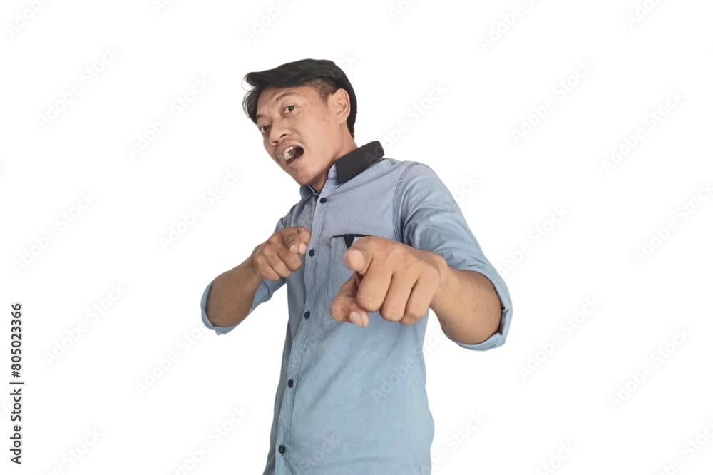 A portrait of an Asian man wearing a ligh blue shirt, pointing in a certain direction with both hands, isolated on a white background. A portrait of an Asian man wearing a ligh blue shirt, pointing in a certain direction with both hands, isolated on a white background.