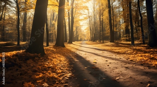 A pathway through an autumn forest with sunlight filtering through golden leaves