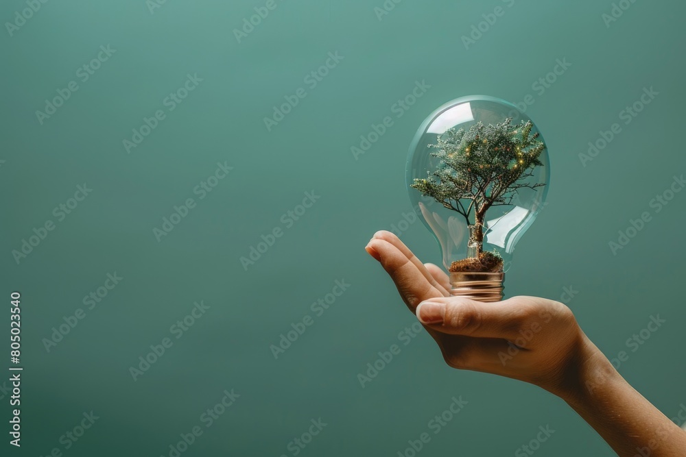 A hand holding a tree inside a light bulb. The light bulb is surrounded by a green background