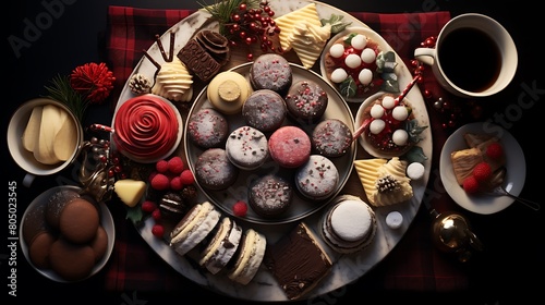 A festive holiday dessert platter featuring an assortment of sweets, including chocolate truffles, mini cheesecakes, fruit tarts, and sugar cookies, perfect for indulging during the holidays.