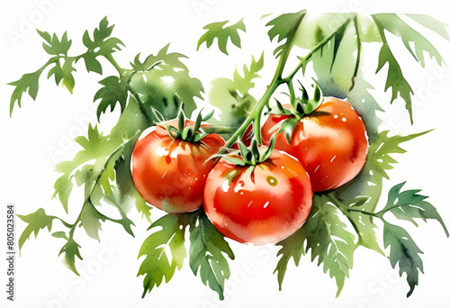 Ripe red tomatoes on vine with lush green leaves, watercolor illustration, perfect for agriculture themes, vegetarian cuisine, or summer harvest festivals photo