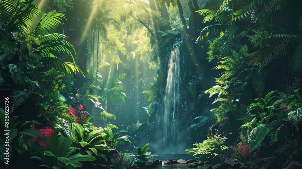 Lush green tropical jungle with dense foliage and a waterfall cascading down, as sunrays penetrate the canopy creating a serene and mystical atmosphere.
