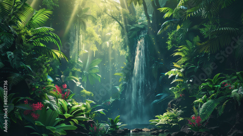 Lush green tropical jungle with dense foliage and a waterfall cascading down, as sunrays penetrate the canopy creating a serene and mystical atmosphere.