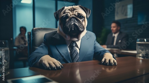 A pug dressed in a suit and tie, photo