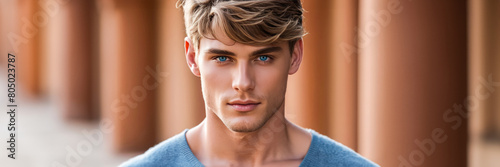 Handsome young Caucasian man with blue eyes and stylish hair posing in outdoor setting, ideal for fashion, lifestyle, and modern masculinity concepts photo