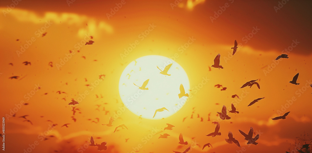 A picturesque scene of the sun setting with birds flying in the sky, set against an orange-yellow background. The composition includes a designated area for adding text or graphics. A warm ambiance A picturesque scene of the sun setting with birds flying in the sky, set against an orange-yellow background. The composition includes a designated area for adding text or graphics. A warm ambiance
