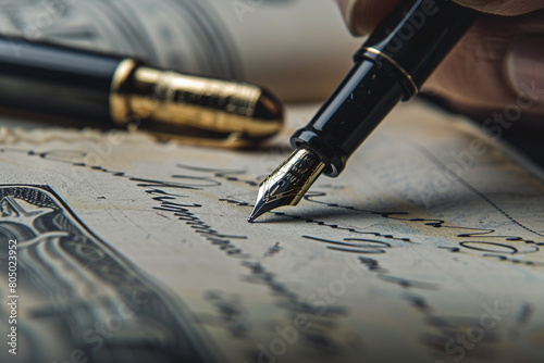 Close-up of a banker's hand signing an important financial document, luxury fountain pen in use 