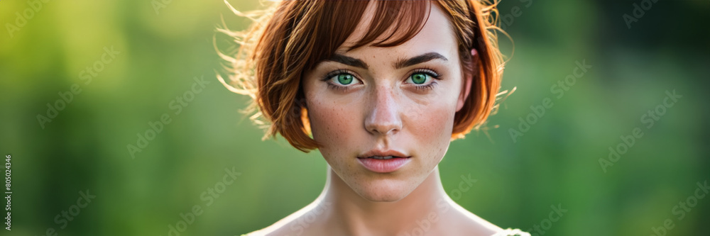 Fototapeta premium Redheaded young woman with green eyes and freckles looking serene against a blurred nature background, evoking Spring and natural beauty themes