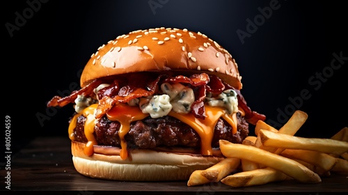 A gourmet cheeseburger topped with melted blue cheese, crispy bacon, caramelized onions, and tangy barbecue sauce, served with sweet potato fries on the side.