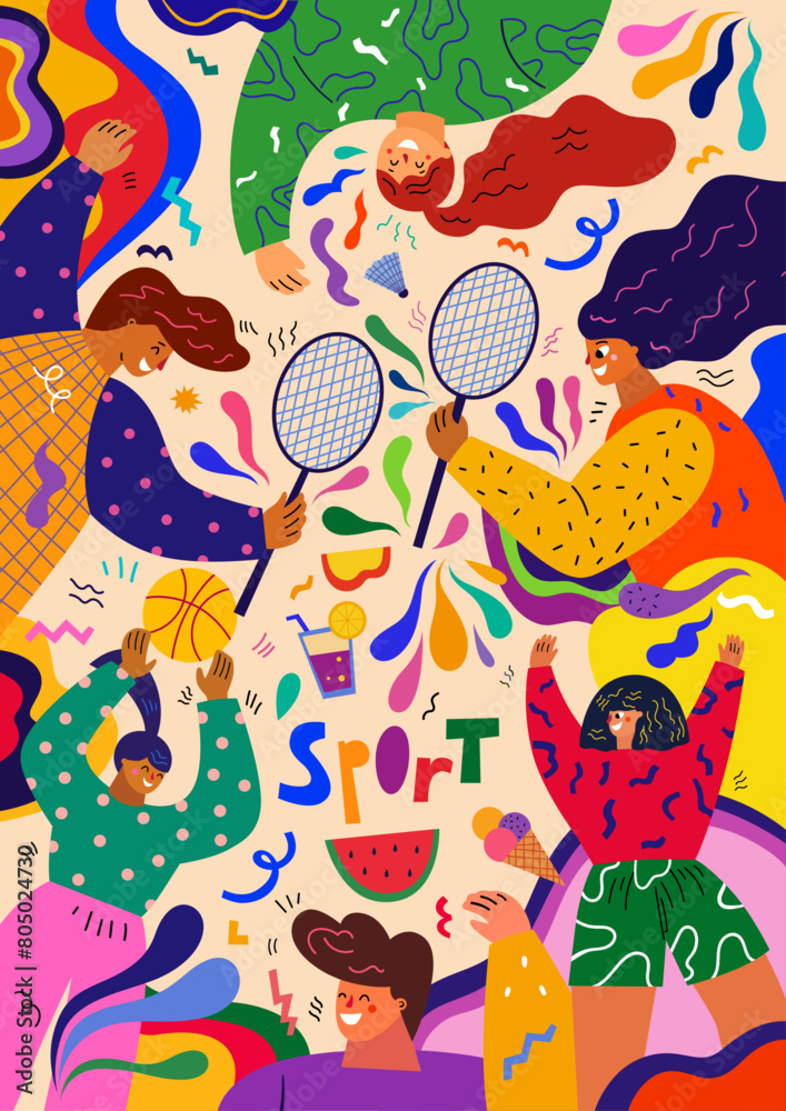 Fototapeta premium Sport poster. Colorful summer vector banner with people doing sports. An illustration showing summer sports activities: volleyball and badminton. People playing outdoors. Summer time concept design