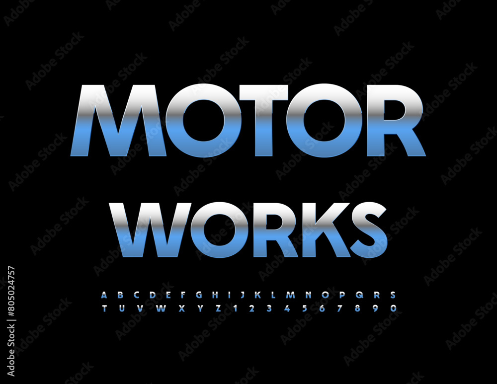 Vector metallic icon Motor Works. Modern Silver Font. Cool Iron Alphabet Letters and Numbers set. 