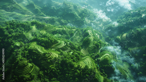 Aerial view of lush, terraced hills forming intricate patterns, likely used for agriculture, amidst a dense, green forest under a misty, soft light.