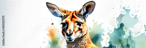 Vibrant watercolor portrait of a kangaroo against a white background, ideal for Australian tourism promotion and wildlife conservation themes
