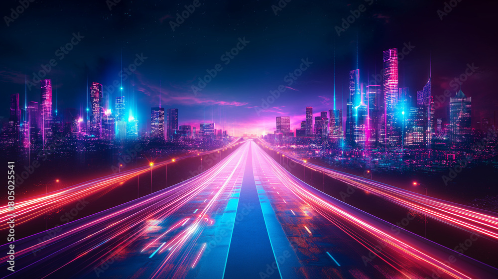 Futuristic night city. Cityscape on a dark background with bright and glowing neon purple and blue lights. Wide highway front view. Cyberpunk and retro wave style illustration.