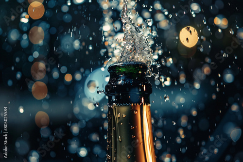 Closeup of a champagne bottle popping 