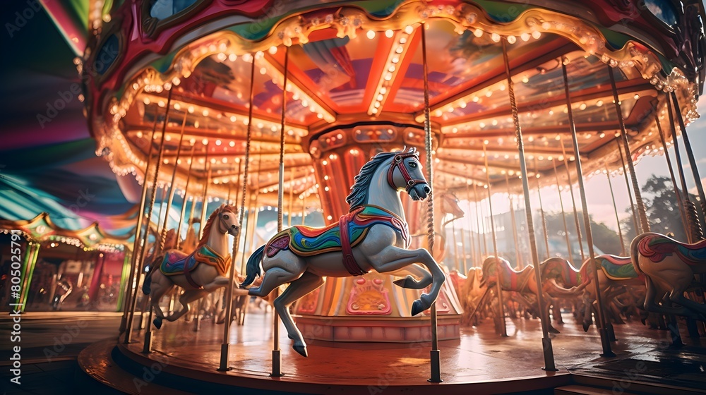 A vibrant rainbow-colored carousel spinning in a bustling amusement park