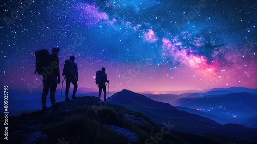 Three people are standing on a mountain top, looking up at the stars. The sky is filled with stars and the atmosphere is peaceful and serene