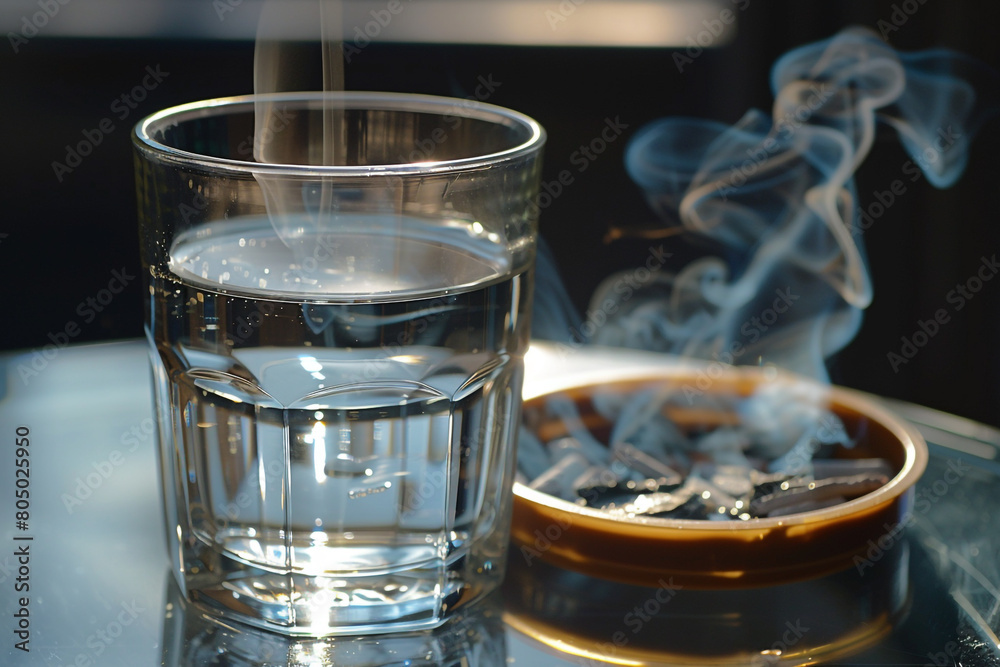 Close-up of a clear glass of water overshadowing a murky ashtray, illustrating the choice between purity and pollution Close-up of a clear glass of water overshadowing a murky ashtray, illustrating the choice between purity and pollution