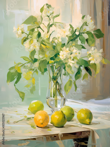 Still life in light green tones. Oil painting in impressionism style. Vertical composition.