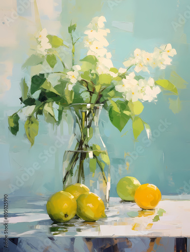 Still life in light green tones. Oil painting in impressionism style. Vertical composition.