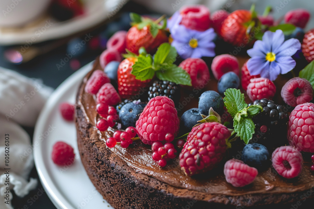 Close-up of a delicious gluten-free chocolate cake made with almond meal, decorated with fresh berries and edible flowers Close-up of a delicious gluten-free chocolate cake made with almond meal, decorated with fresh berries and edible flowers
