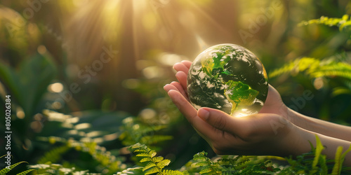 Abbiamo cura del nostro pianeta. Mani che tengono un piccolo pianeta Terra. Sfondo verde. photo