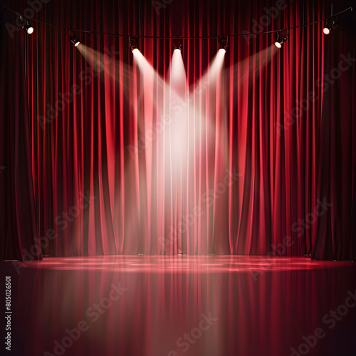 Vibrant red stage with spotlights  perfect backdrop for performances and announcements