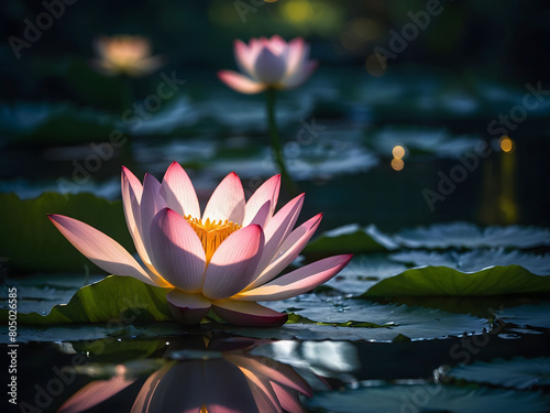 Ethereal Lotus Glow, A lotus flower radiates a gentle light amid the darkness, accompanied by the shimmering presence of fireflies, its reflection mirrored in the peaceful waters below.