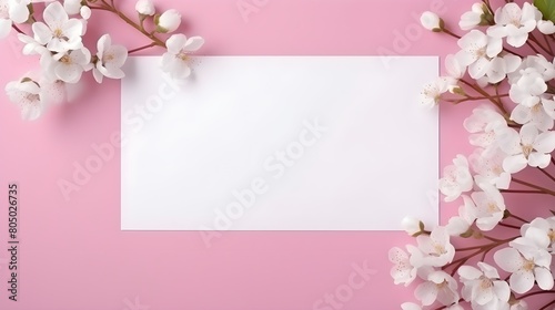 Blank white paper and spring flowers on a pink desk