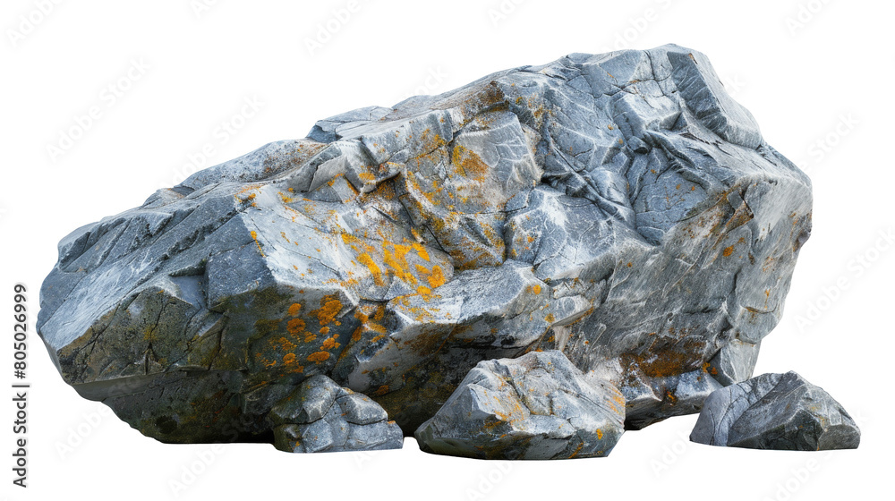 A large, irregularly shaped rock with blue-gray tones and yellow lichen patterns, accompanied by smaller fragments, on a clean white background. A large, irregularly shaped rock with blue-gray tones and yellow lichen patterns, accompanied by smaller fragments, on a clean white background.