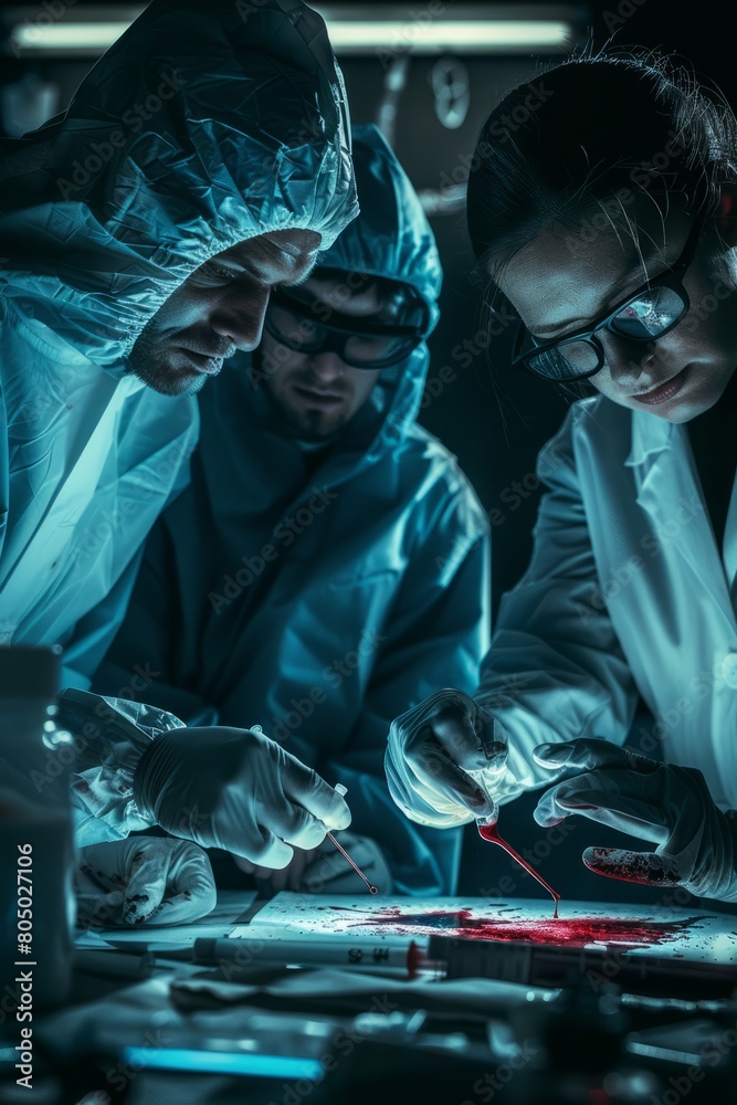 A group of people in lab coats are working together using luminol to reveal hidden traces of evidence as part of a forensic investigation A group of people in lab coats are working together using luminol to reveal hidden traces of evidence as part of a forensic investigation