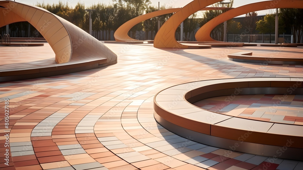 Curved balance beams forming an artistic pattern in a modern playground design Stock Photo