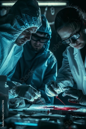 A group of people in lab coats are working together using luminol to reveal hidden traces of evidence as part of a forensic investigation photo