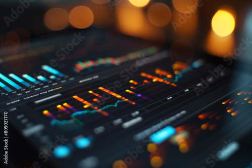 Close-up of a digital tablet showing interactive graphs of global stock market trends 