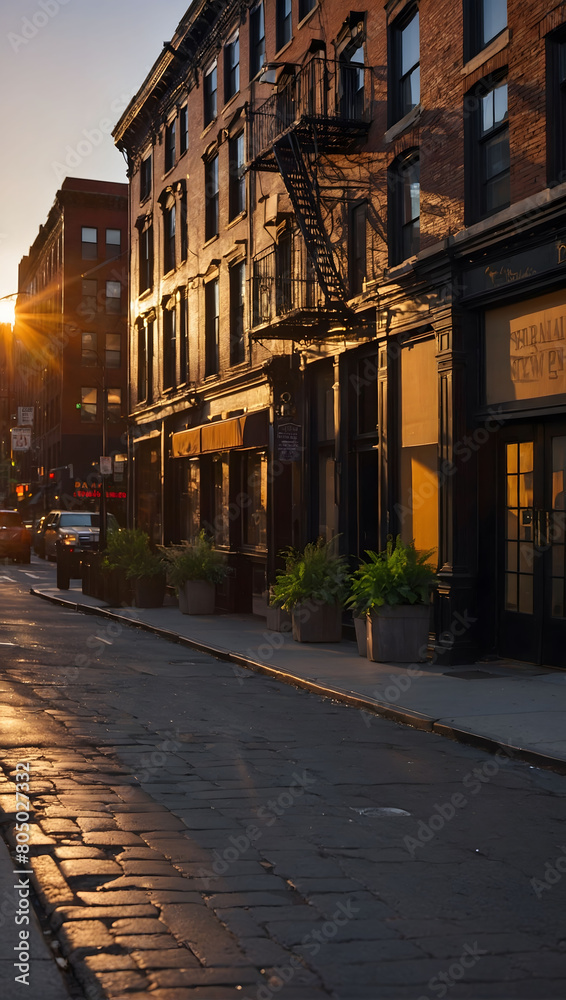 Evening Elegance, Witness the Quiet Charm of SoHo District, New York, as the Sun Sets and an Empty Street Basks in the Warm Glow of Twilight.