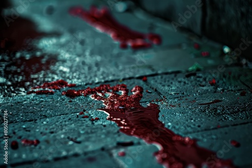 Close-up view of a red substance on the ground, possibly blood, with distinctive footprints leading away from it. The area appears to be a crime scene or accident site with clear evidence of movement photo
