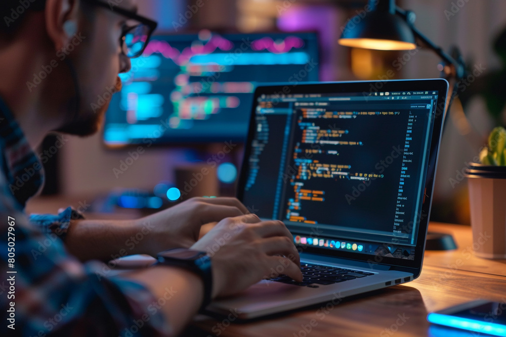 Close-up of a fintech developer coding blockchain solutions for financial services on a laptop Close-up of a fintech developer coding blockchain solutions for financial services on a laptop