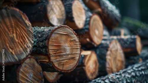 Close-Up of Stacked Timber in the Forest