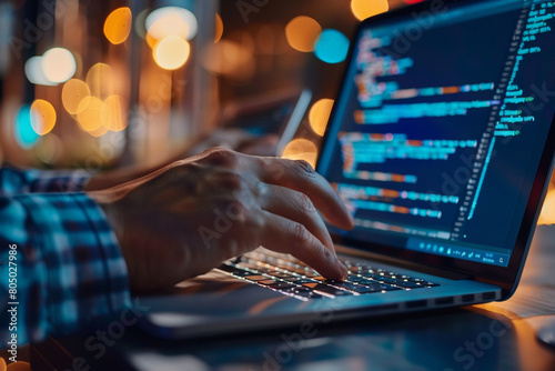 Close-up of a fintech developer coding blockchain solutions for financial services on a laptop 