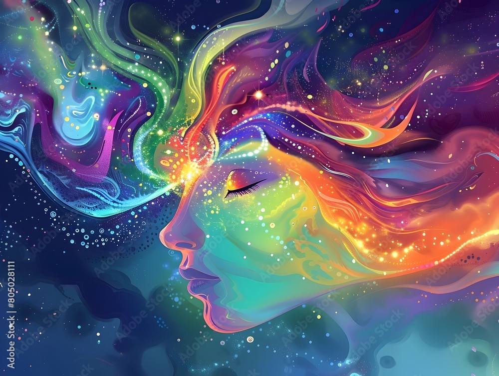 Obraz premium Ethereal Contemplation Dreaming Guides to Mystical Meditation in Iridescent Cosmic Palette